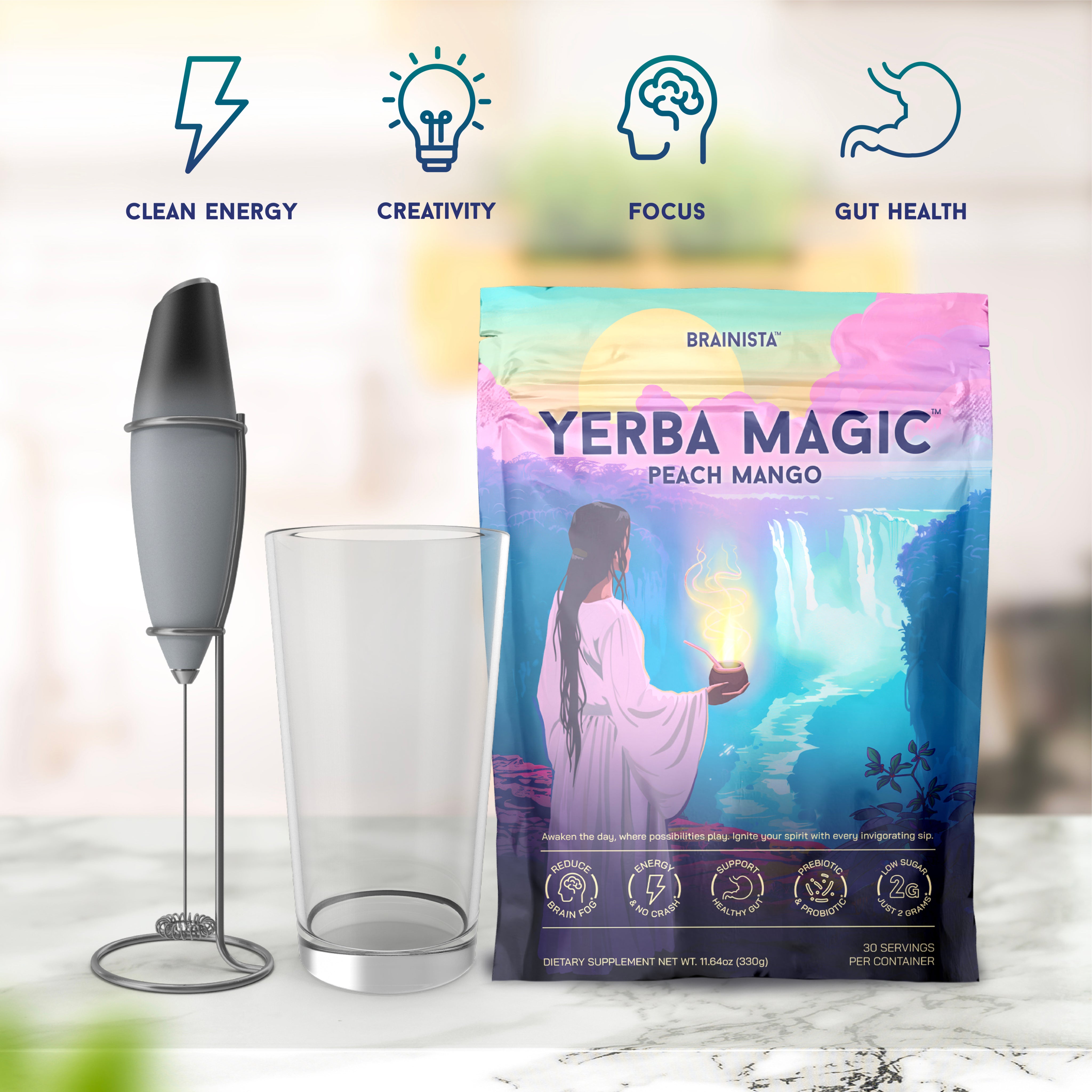Yerba Magic bag on kitchen counter with a frother and glass cup with four icons