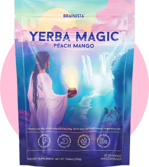 Yerba Magic pouch displayed over a pastel circular background design.