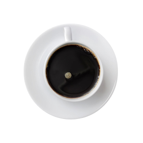 Overhead view of a white mug with black coffee centered on a white background.