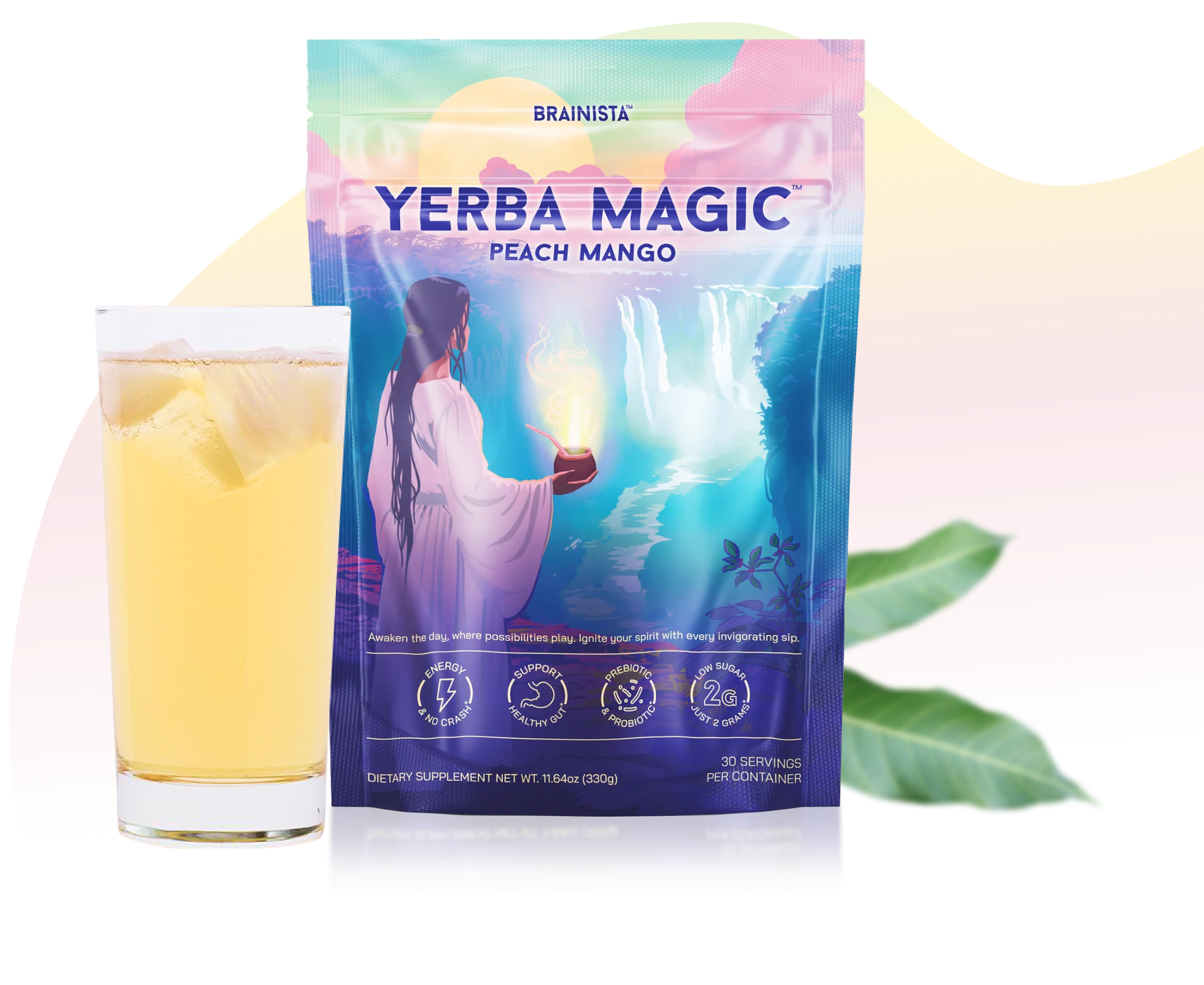 Glass filled with iced yerba mate tea and a bag of Yerba Magic