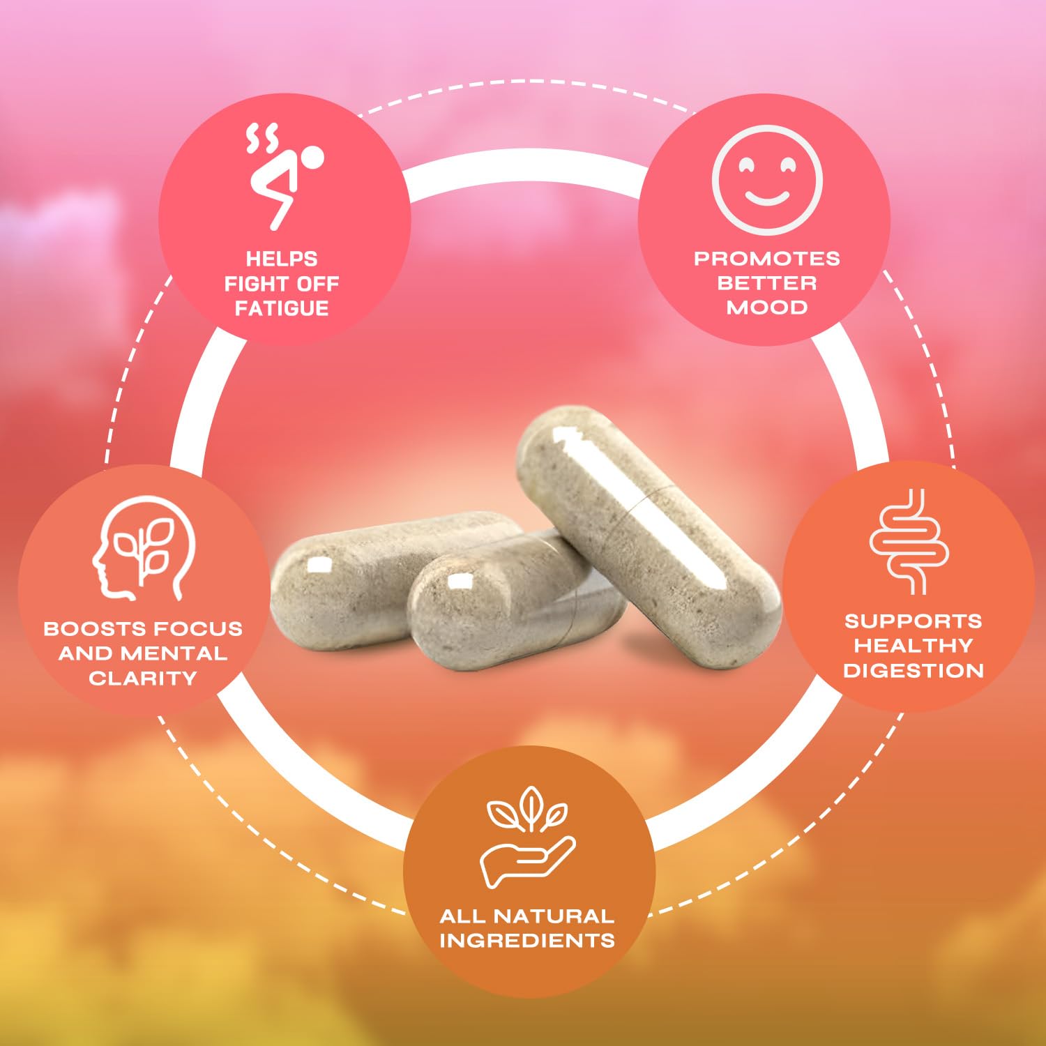 Yerba Magic capsules with benefits diagram showing natural ingredients, mental clarity, digestion and mood support features