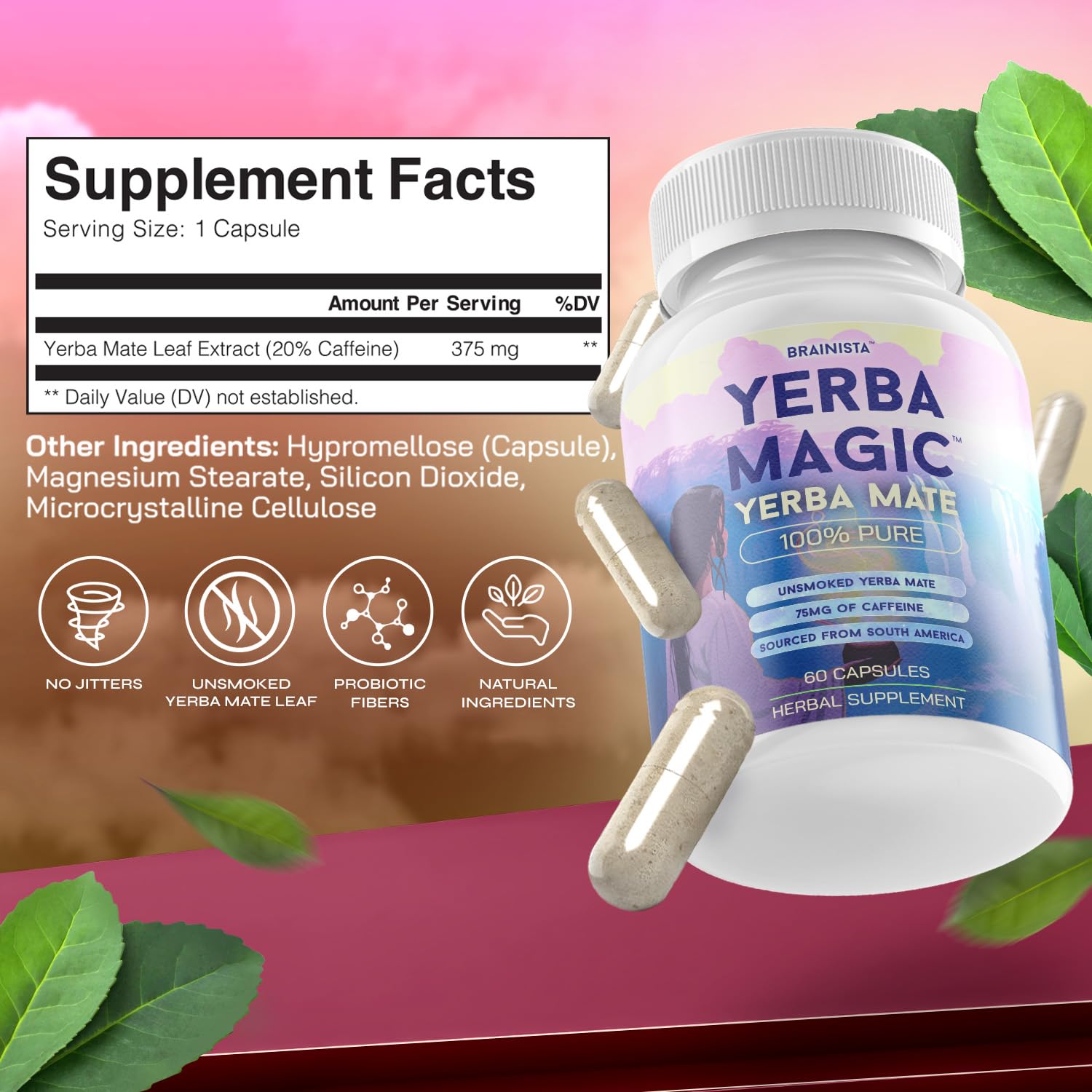 Yerba Magic Mate capsule bottle with supplement facts panel showing natural ingredients and benefits on pink background