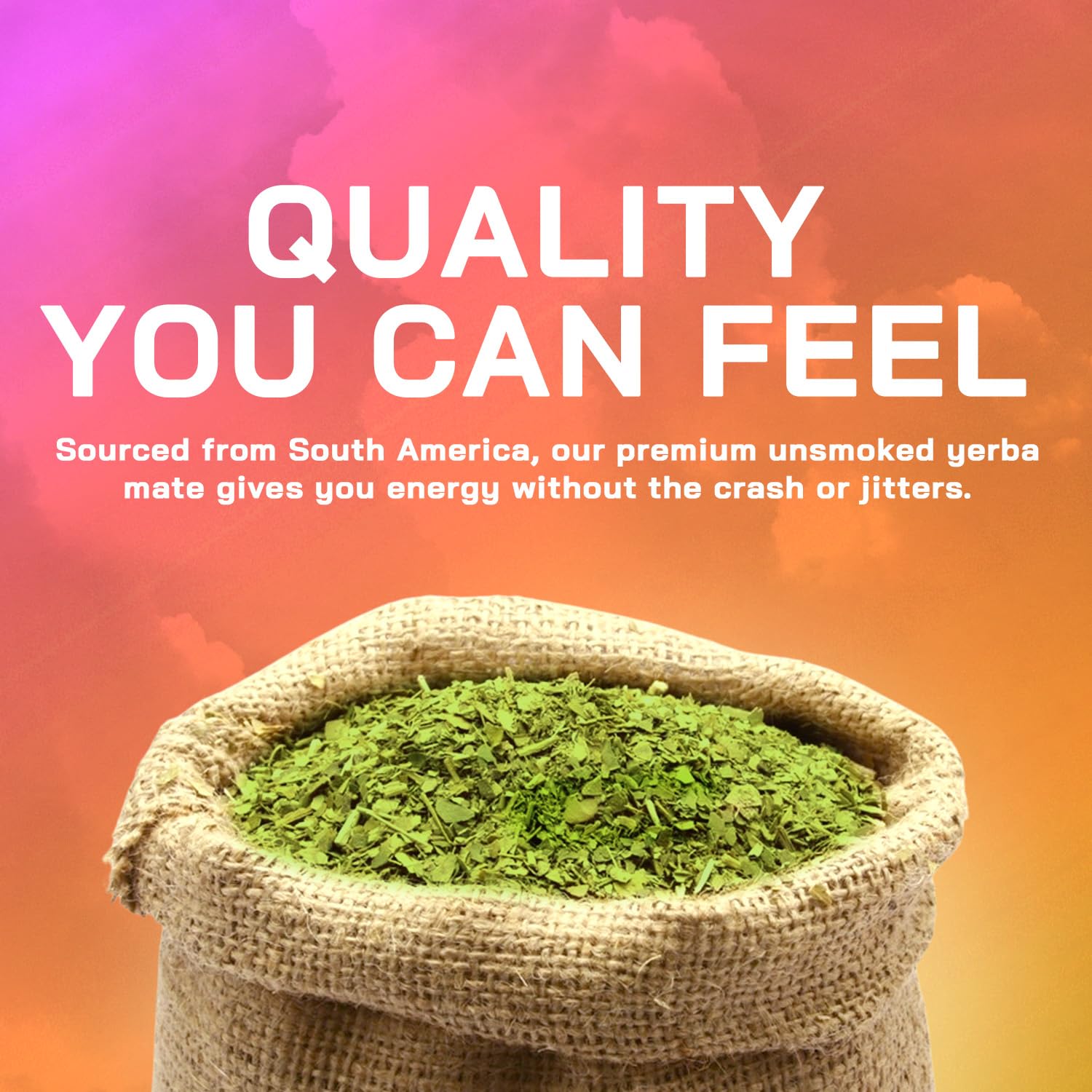 Yerba Magic Mate Capsules - Premium South American yerba mate in burlap sack against vibrant orange and pink gradient background