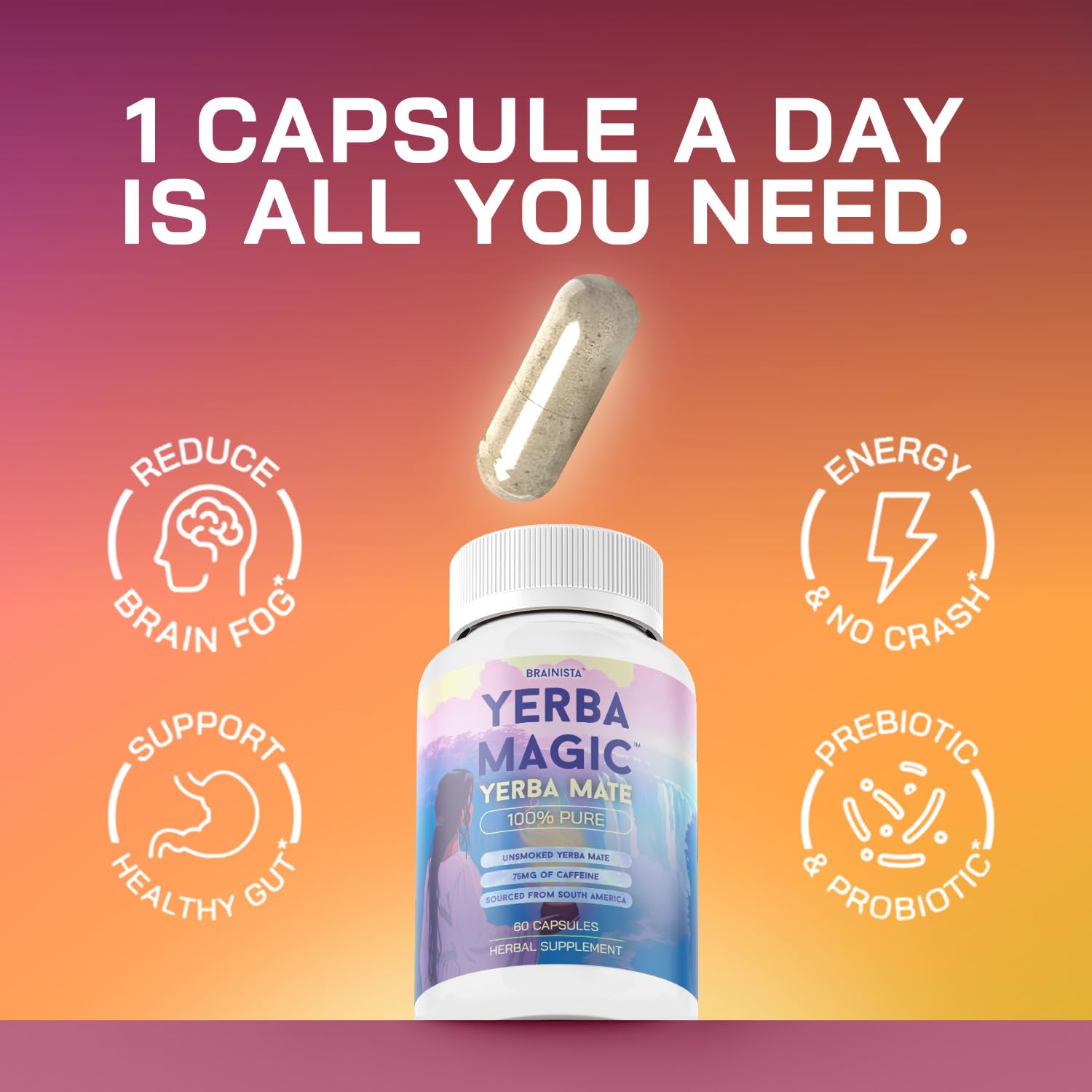 Yerba Magic Mate capsules bottle with floating capsule and icons showing benefits: energy, gut health, brain fog reduction
