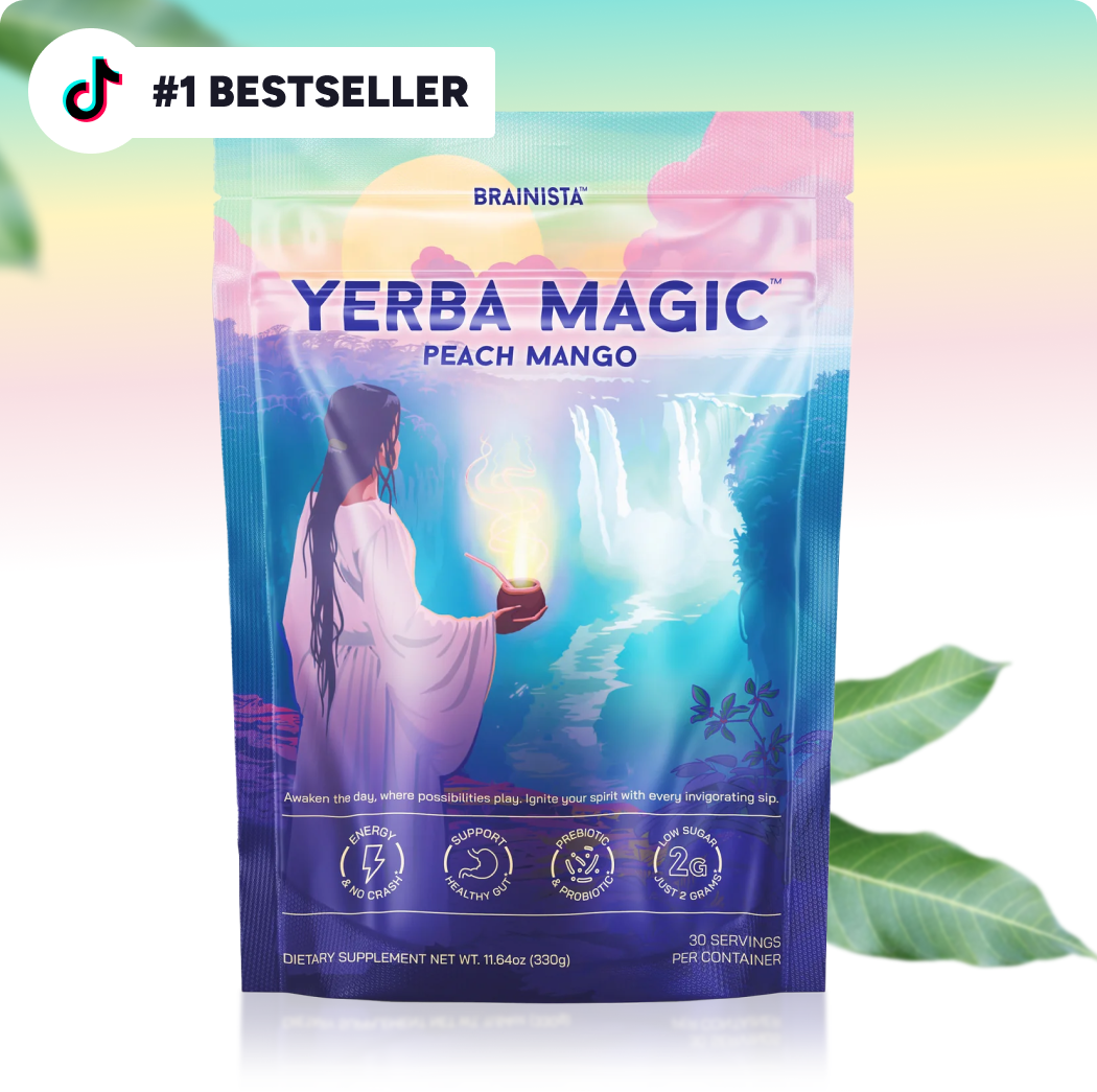 Angled front view of Yerba Magic Peach Mango packaging