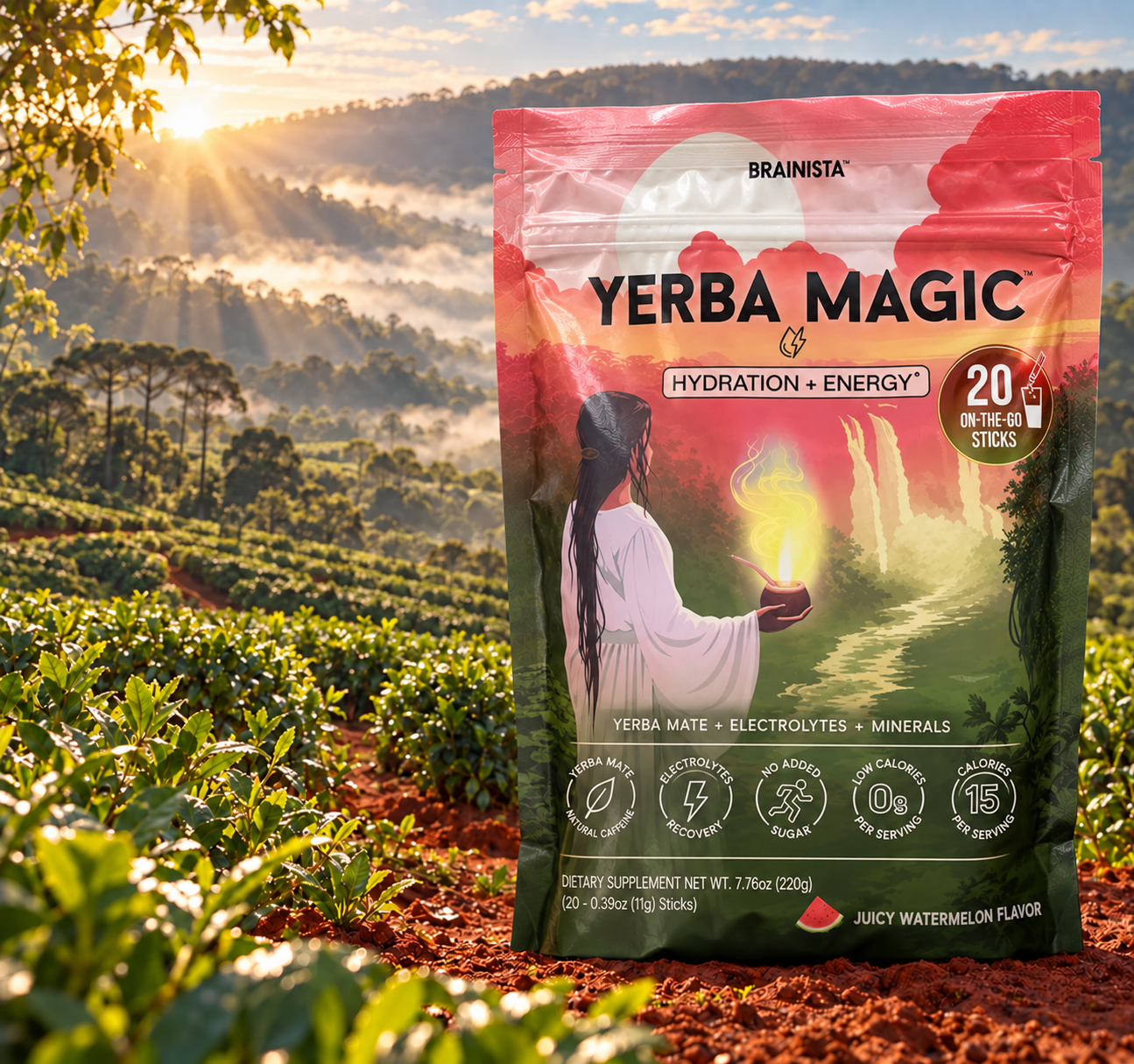 Yerba Magic Hydration bag overlooking a sunlit yerba mate farm