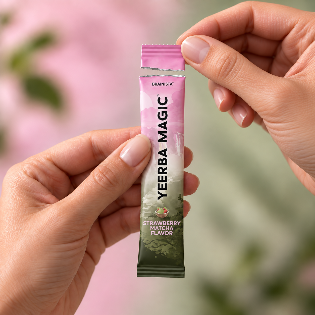 Hands opening a Strawberry Matcha stick just above BRAINISTA, with the removed strip pinched between thumb and finger