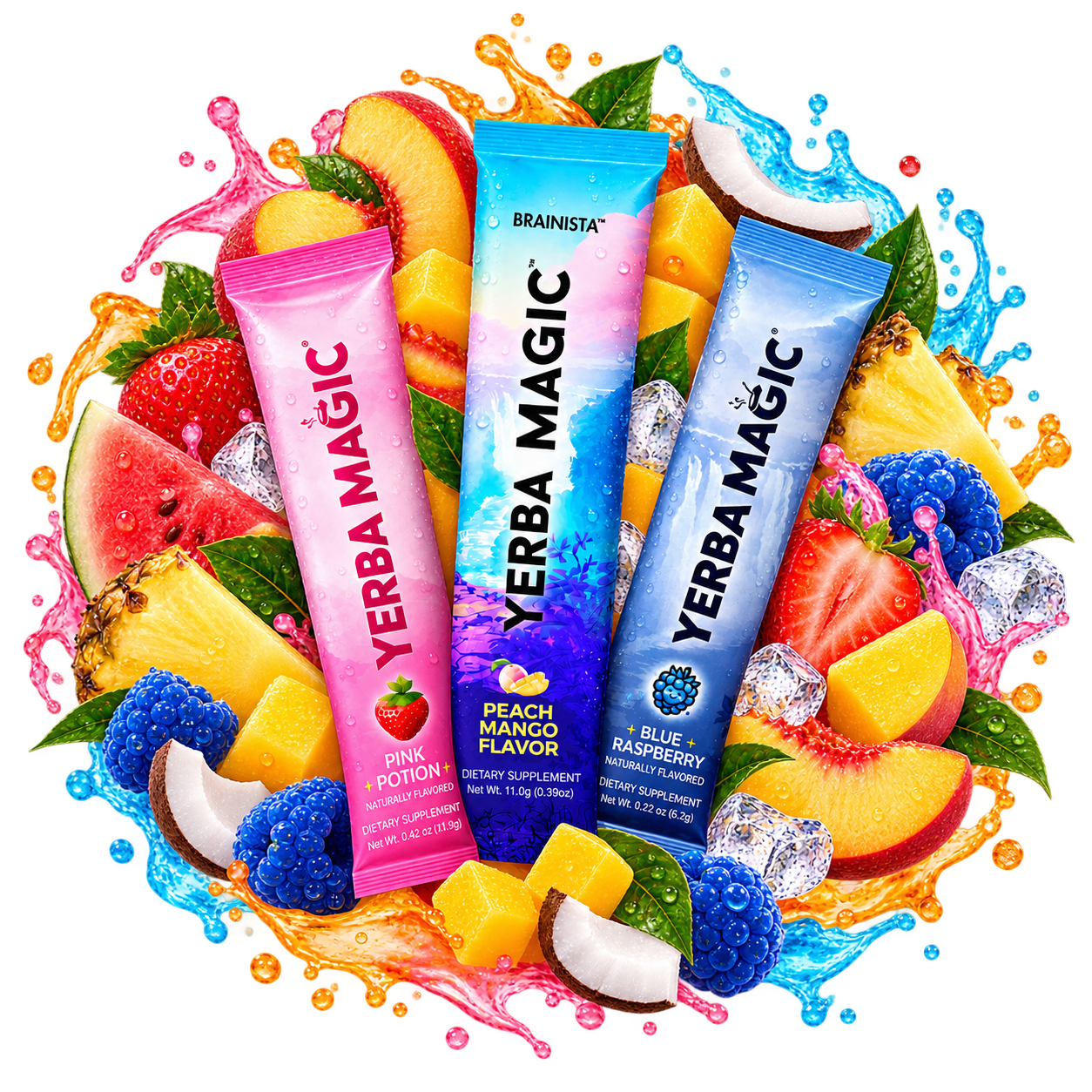 Yerba Magic Peach Mango, Pink Potion and Blue Raspberry sticks surrounded by a circular fruit and splash arrangement