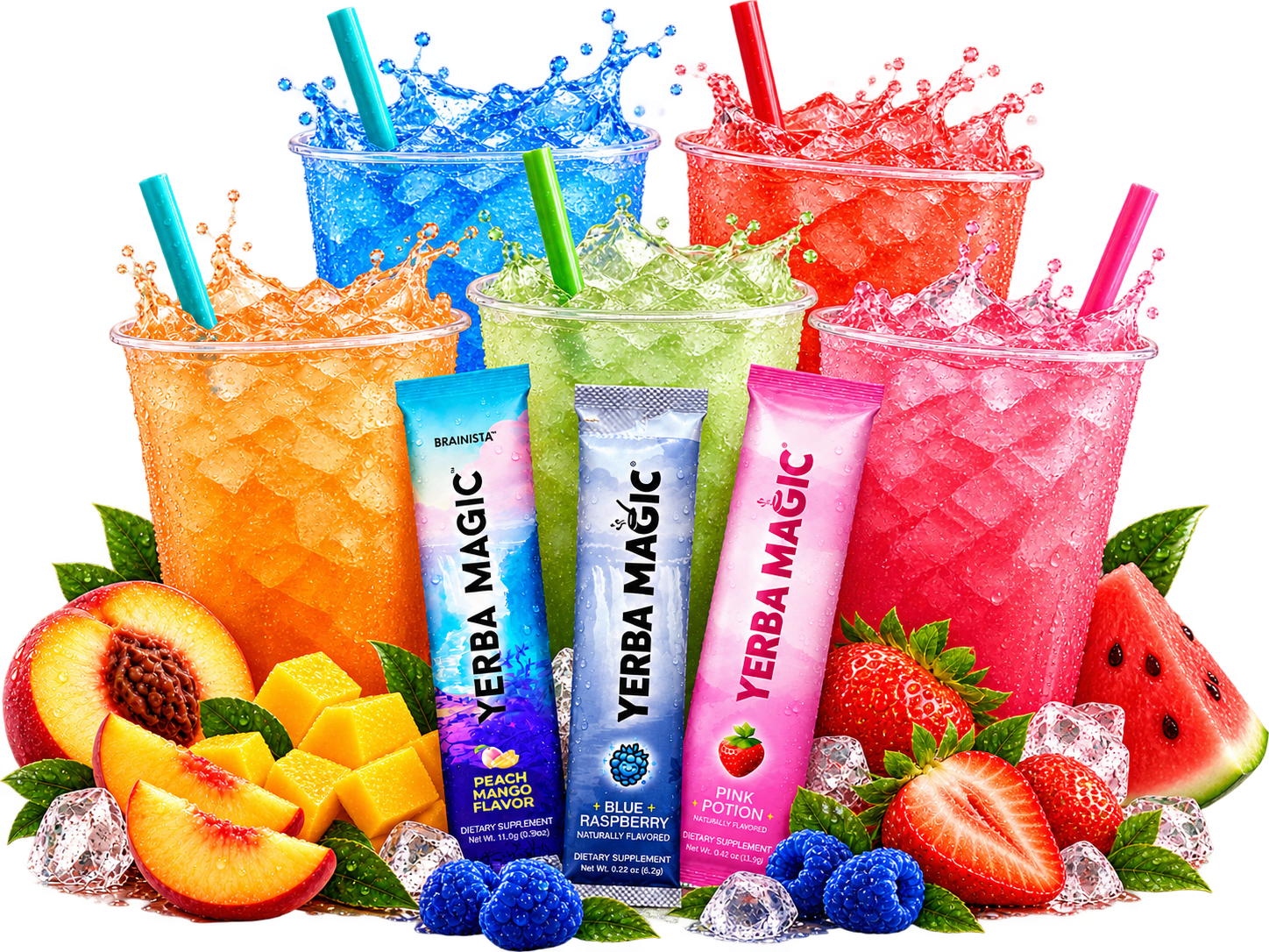Colorful Yerba Magic iced drinks, stick packs and fruit