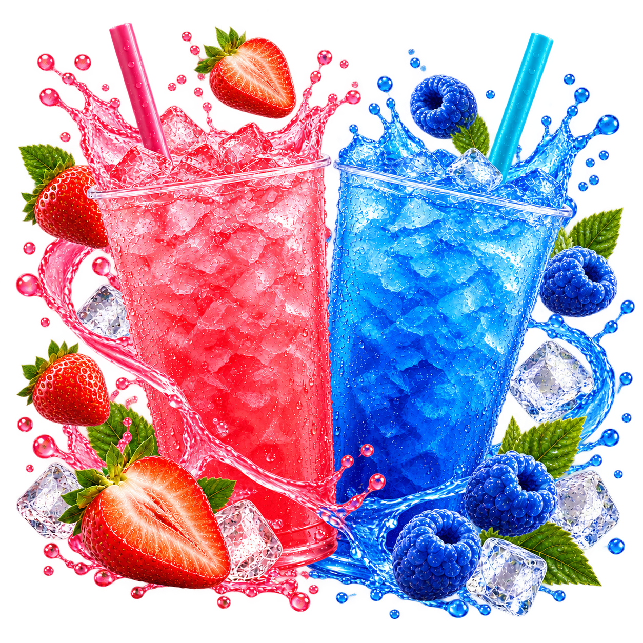 Pink Potion and Blue Raspberry iced drinks with fruit and splashes