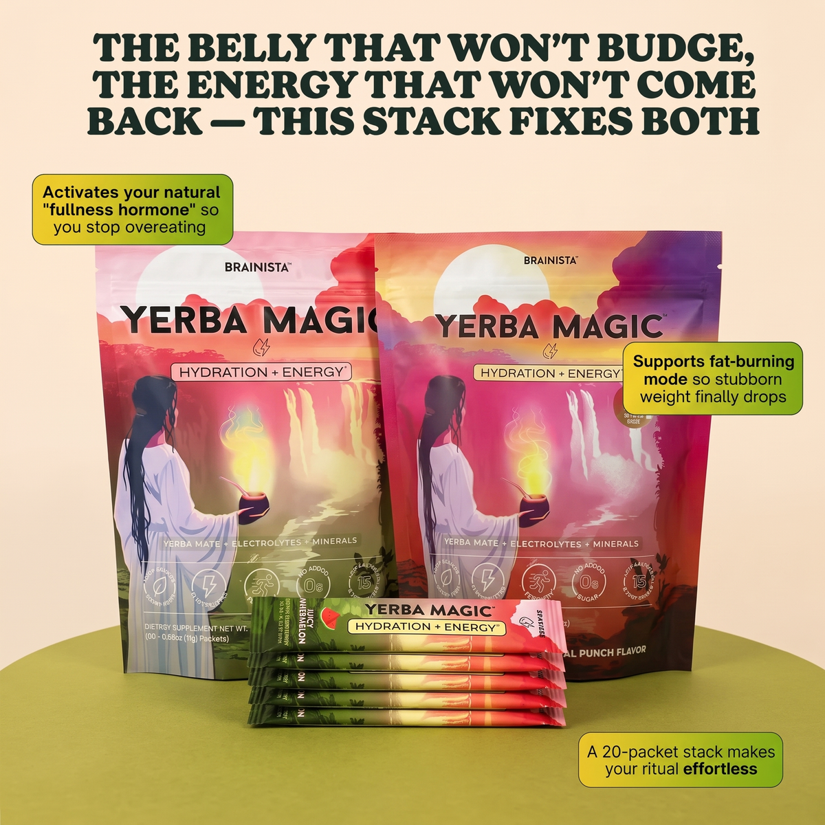 Yerba Magic Hydration + Energy pouch with Juicy Watermelon stick packs — 60 day guarantee, 3rd party lab tested, made in USA