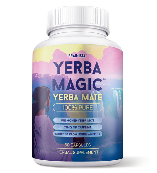 Yerba Magic Mate Capsules bottle with pastel gradient design featuring 60 pure unsmoked yerba mate supplement capsules