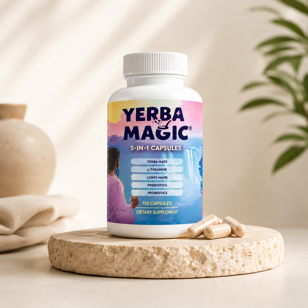 Yerba Magic 5-in-1 Capsules bottle on a stone riser with loose capsules