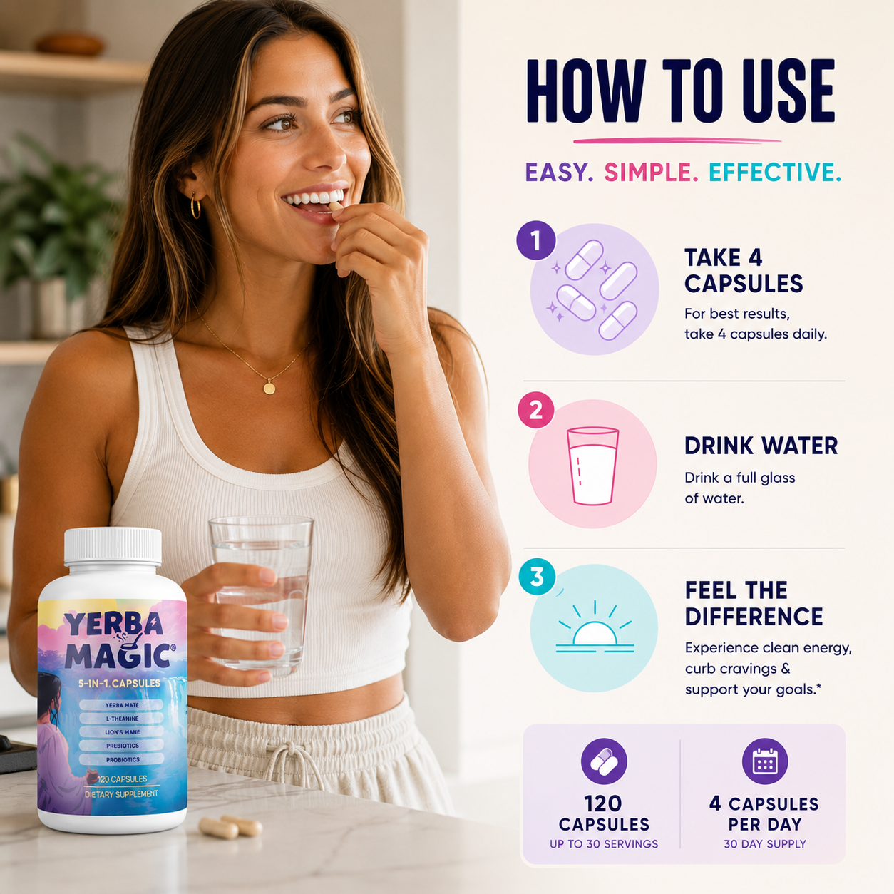 Science-powered ingredients — yerba mate, L-theanine, lion's mane, prebiotics, probiotics; supports appetite control, sustained energy, gut health