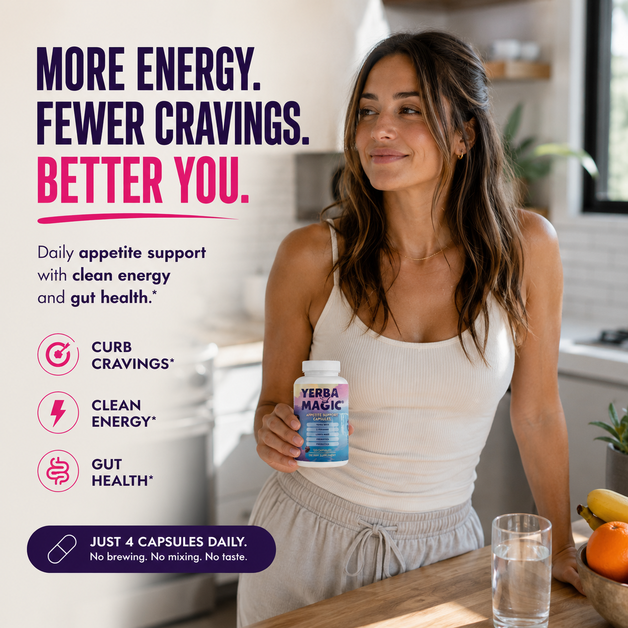 Energy, focus, appetite support — woman holding a bottle of Yerba Magic 5-in-1 Capsules with a serving in hand
