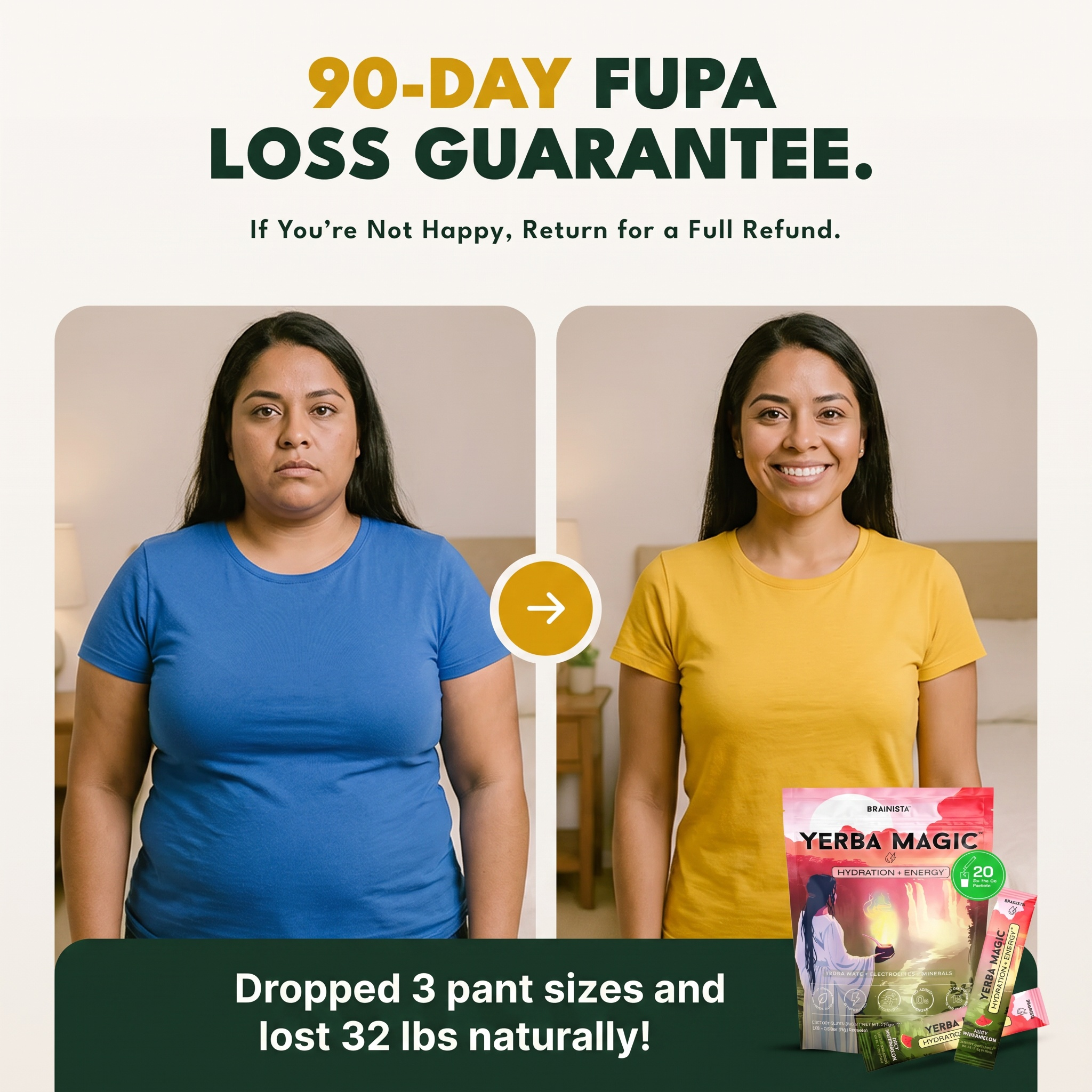 90-day FUPA loss guarantee — if you're not happy, return for a full refund. Before and after: dropped 3 pant sizes and lost 32 lbs naturally