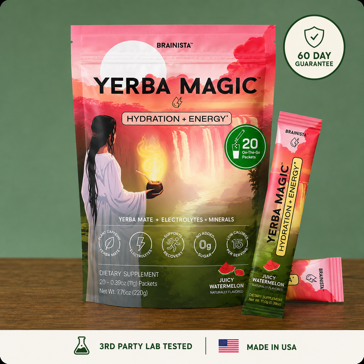 Yerba Magic Hydration + Energy pouch with Juicy Watermelon stick packs — 60 day guarantee, 3rd party lab tested, made in USA