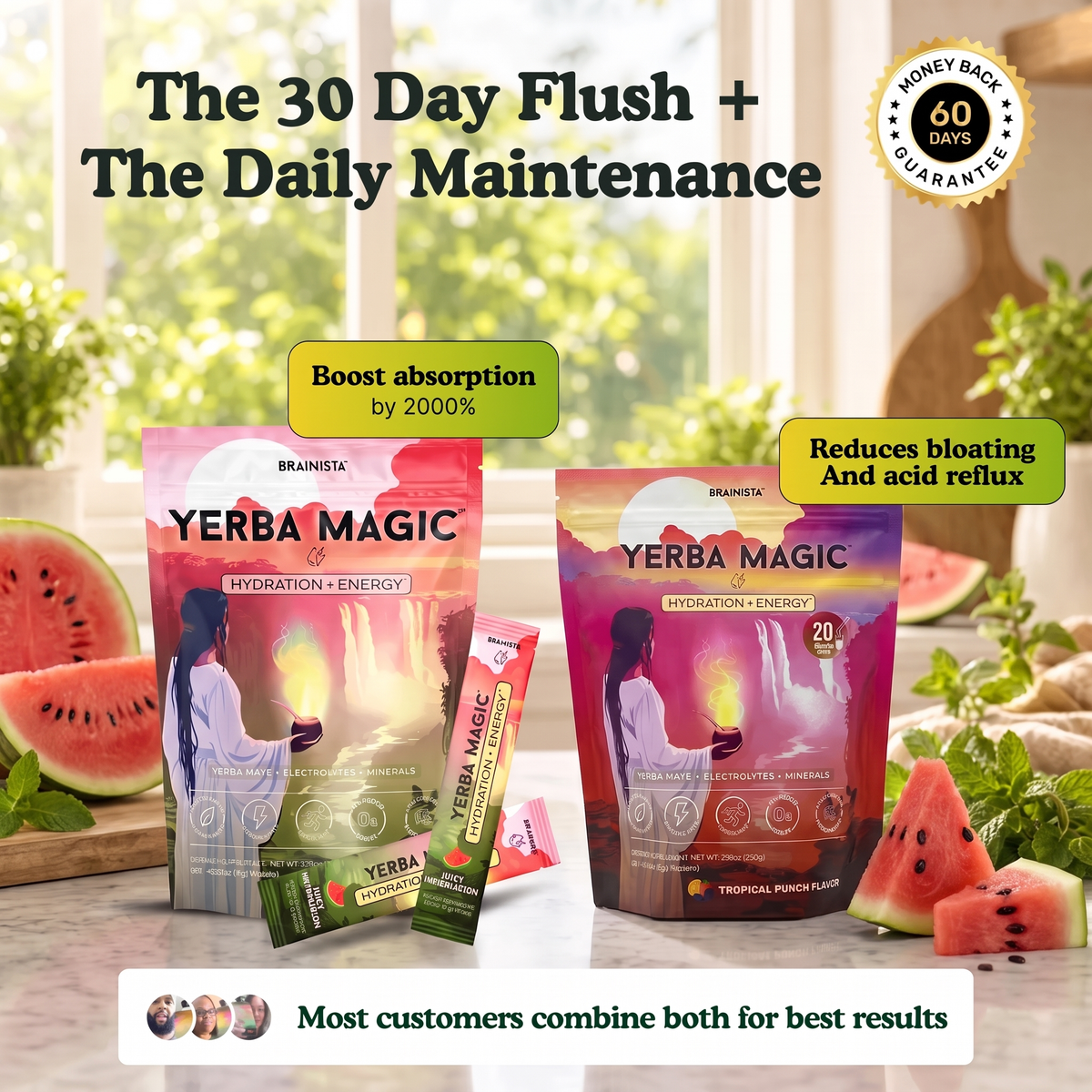 Yerba Magic Hydration + Energy pouch with Juicy Watermelon stick packs — 60 day guarantee, 3rd party lab tested, made in USA