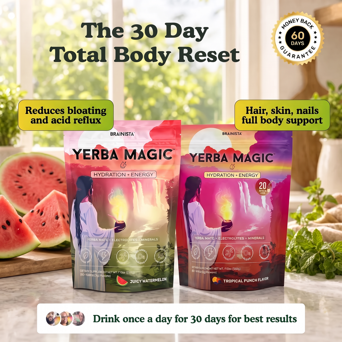 Yerba Magic Hydration + Energy pouch with Juicy Watermelon stick packs — 60 day guarantee, 3rd party lab tested, made in USA