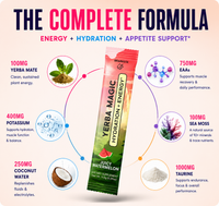 Supplement facts per 11g packet: 15 calories, 0g sugar, electrolytes and minerals including magnesium 100mg, potassium 400mg, sodium 100mg; taurine 1000mg, EAA blend 750mg, yerba mate extract 500mg with 100mg caffeine, coconut water concentrate 250mg, Irish sea moss 100mg