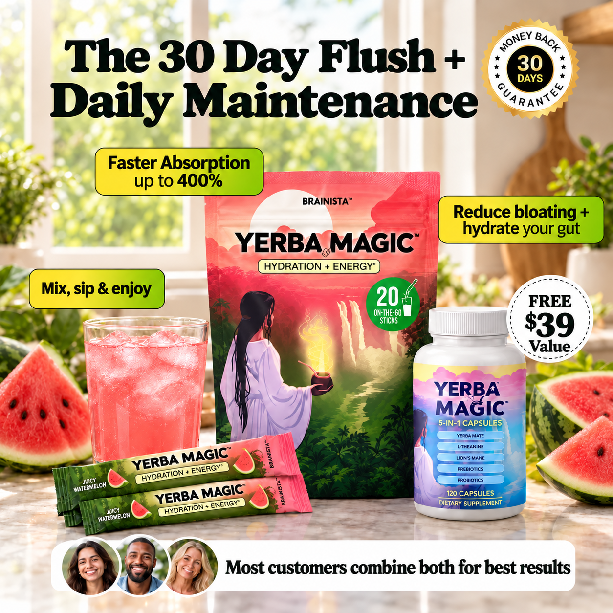 The 30 Day Flush + Daily Maintenance: Yerba Magic Hydration and free 5-in-1 capsules