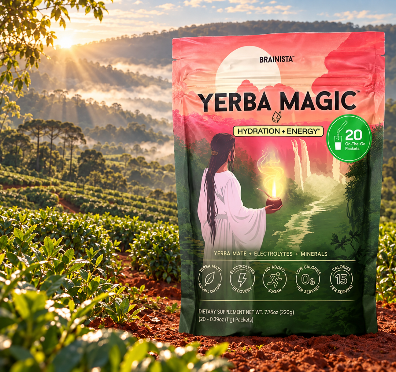 Yerba Magic Hydration bag overlooking a sunlit yerba mate farm