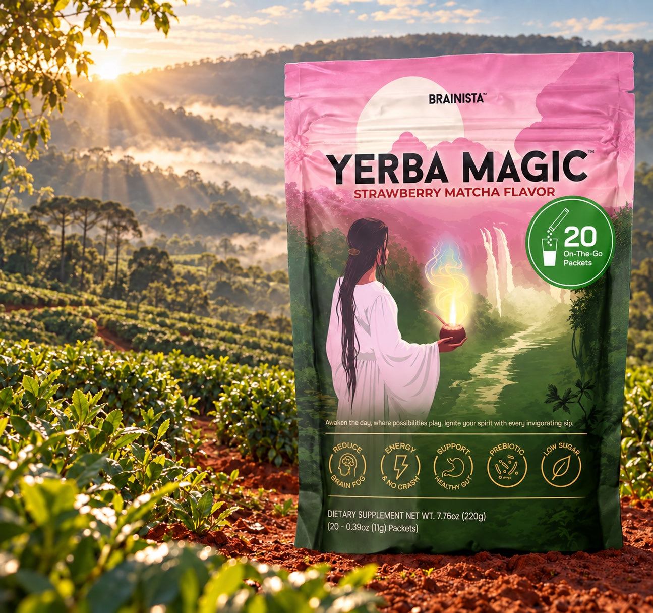 Yerba Magic Strawberry Matcha 20-stick bag in a sunlit, leafy yerba-mate farm landscape