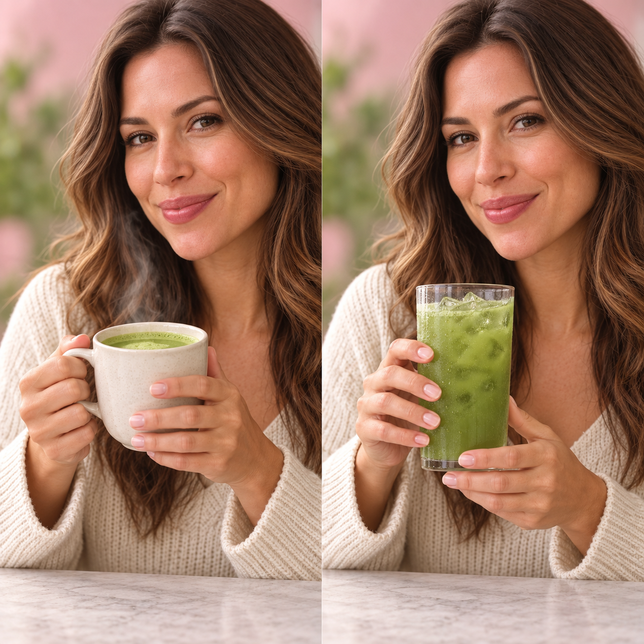 The same woman holding a steaming mug of green matcha on the left and a glass of iced green matcha on the right