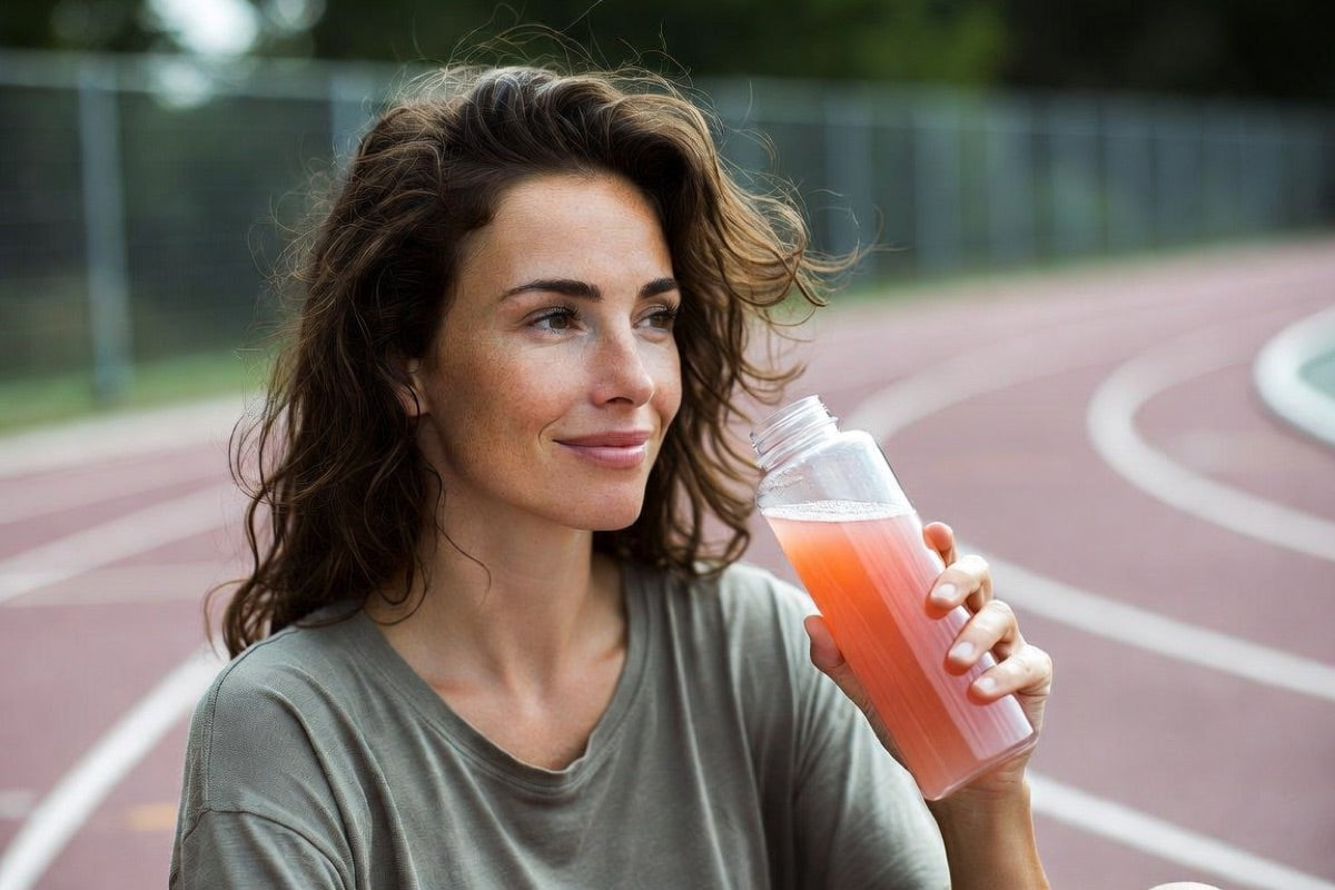 Woman sipping Yerba Magic after a workout at the track