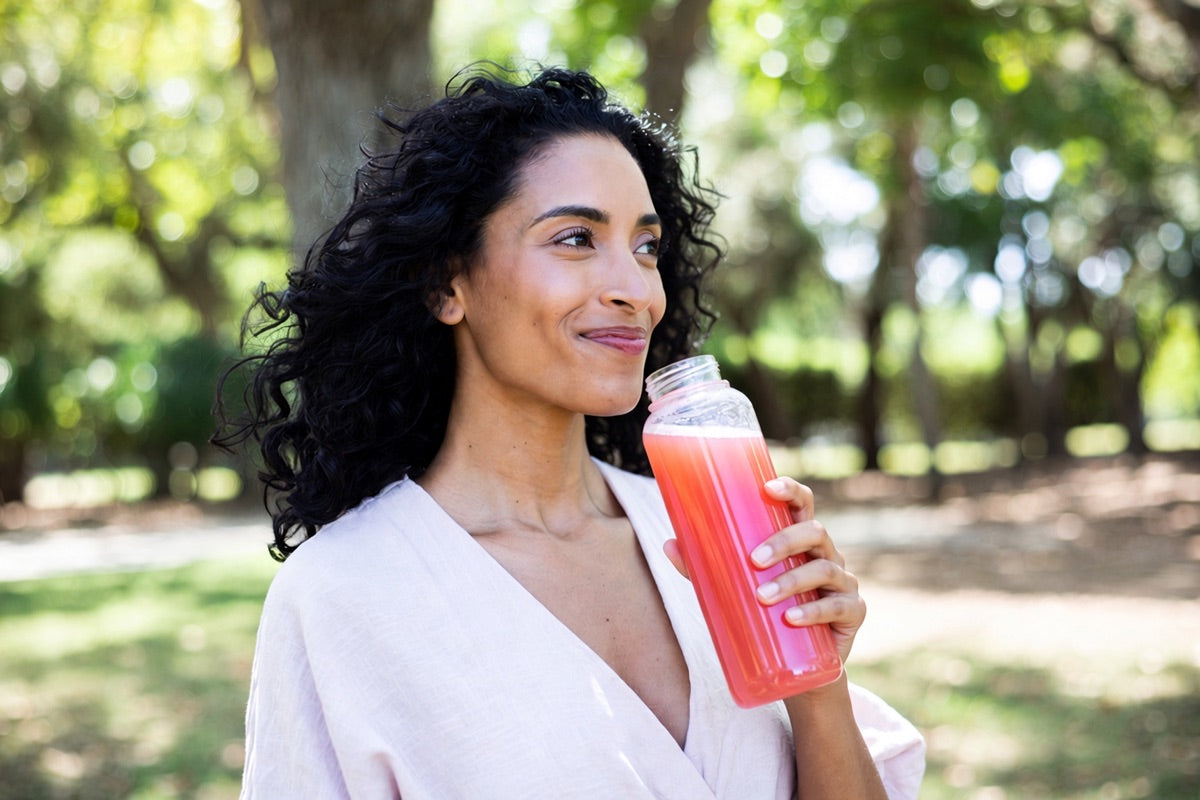 Woman drinking Yerba Magic in a sunny park