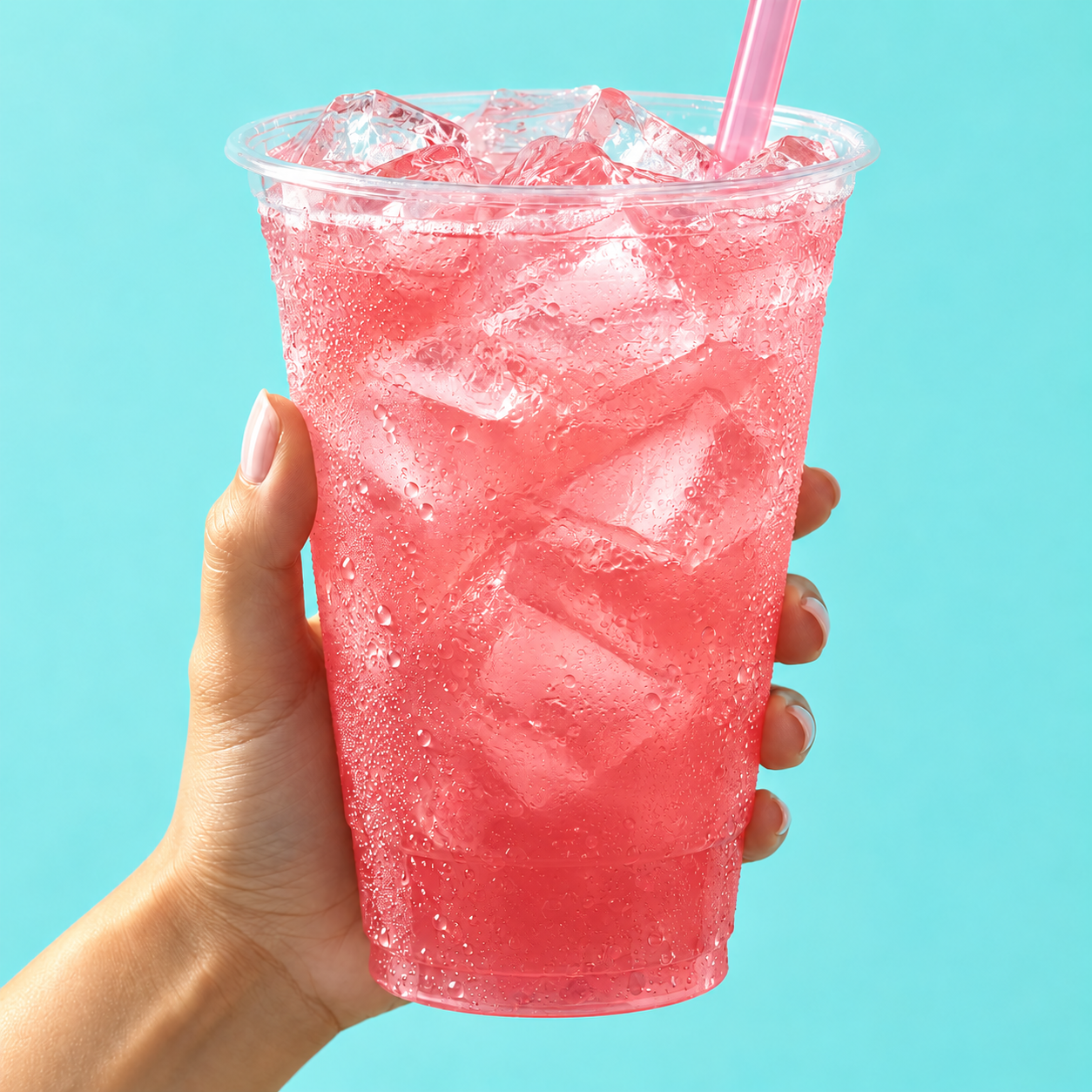 Hand holding a pink iced refresher in a large clear cup